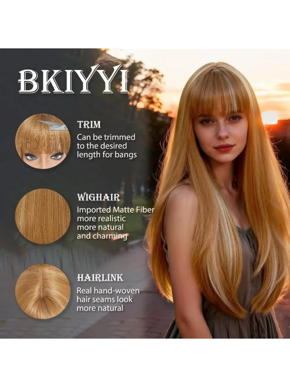Women's Honey Blonde 24 Inch Heat Resistant Synthetic Long Straight Bangs Wig